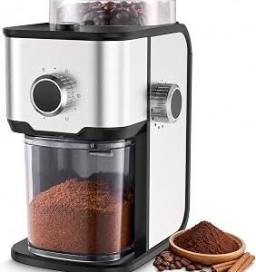 Flat Burr Coffee Grinder Electric, Compact Coffee Grinder for Home Use, Adjustable Coffee Beans Grinder with 14 Grind Levels, 2-12 Cups for Cappuccino & French Press, silver
