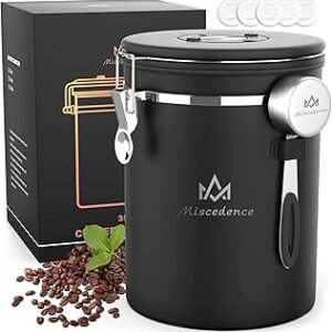 38OZ Coffee Canister for ground coffee with Date Tracker,One Way Co2 Valve 304 Stainless Steel Kitchen Food Airtight storage container for Coffee Beans or Grounds, Sugar Black